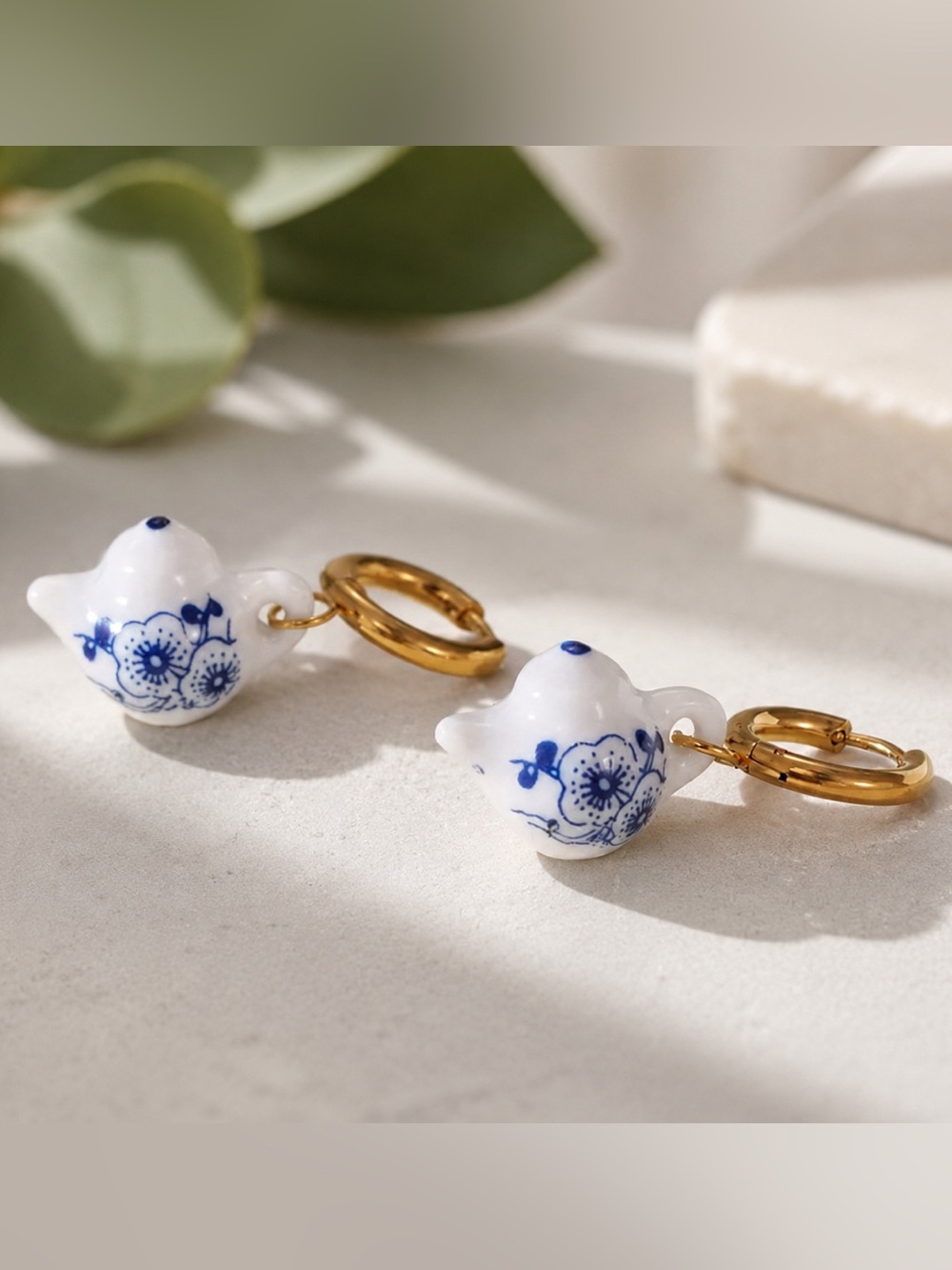 Hoop Earrings with White & Blue Porcelain Teapot Charms - Women Jewelry